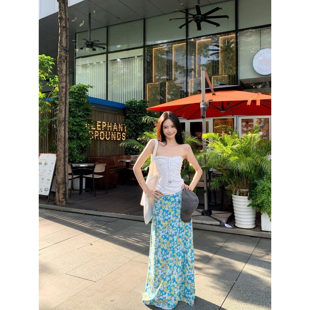Terno estilo férias à beira-mar puro desejo tubo superior colete feminino verão azul saia Floral saia longa terno de dua