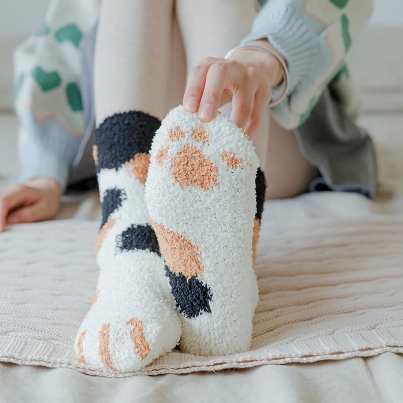 Meias Pantufas Femininas Fofas e Quentes com Pata de Gato, Microfibra Macia para Dormir 3663