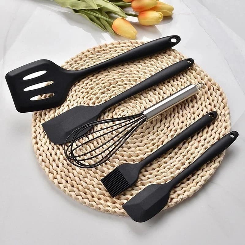 Kit 5 Peças Utensílios Cozinha Silicone Colher Espátula Fue Pincel Concha Pegador Mexer Talheres