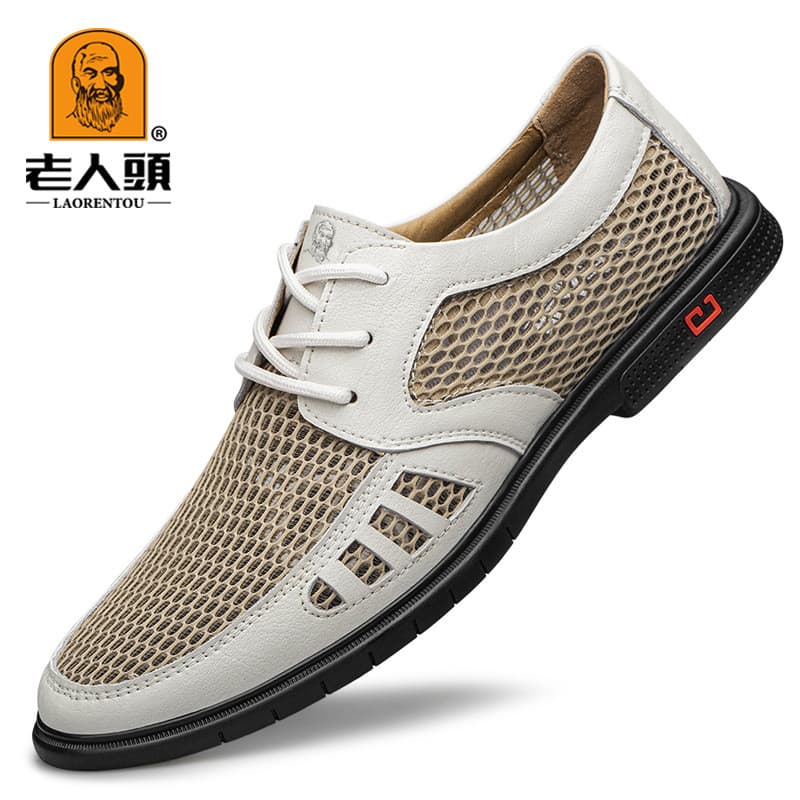 Cabeça de idosos verão respirável sapatos de couro masculino tamanho pequeno malha oco sapatos de couro negócios casuais