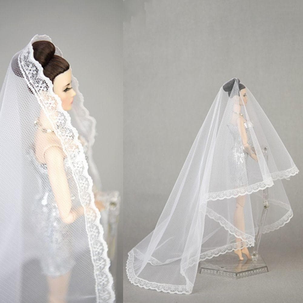 BLUEVELVETQW Véu De Boneca , Cocar , Renda Casamento Longa De Noiva Branca , Brinquedos DIY