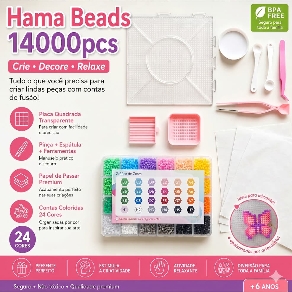 24 cores Pixel Beads, 2.6mm Com 14000pcs, Perler Berads, Hama Beads DIY Presentes para crianças Com Ferramentas
