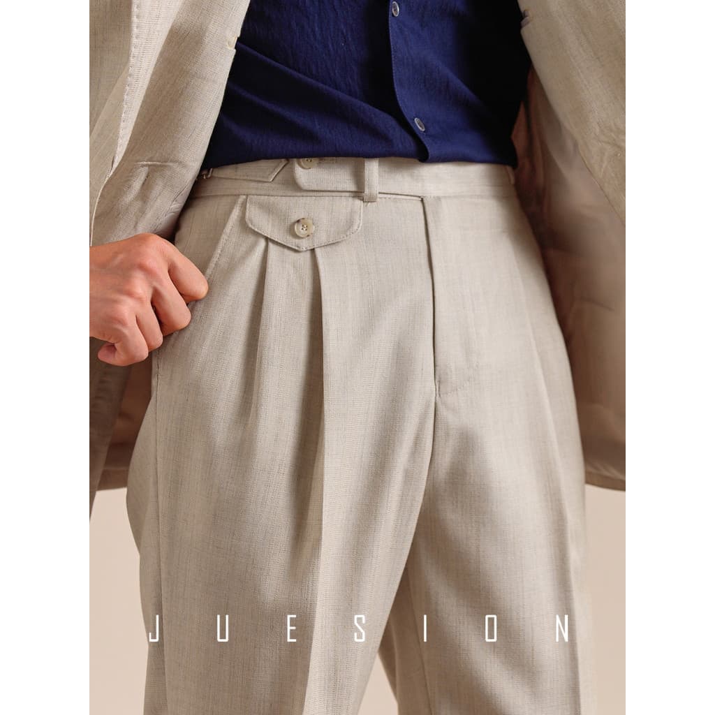 Jucean italiano imitação de linho padrão nápoles calças masculinas duplo plissado cavalheiro Casual negócios terno calça