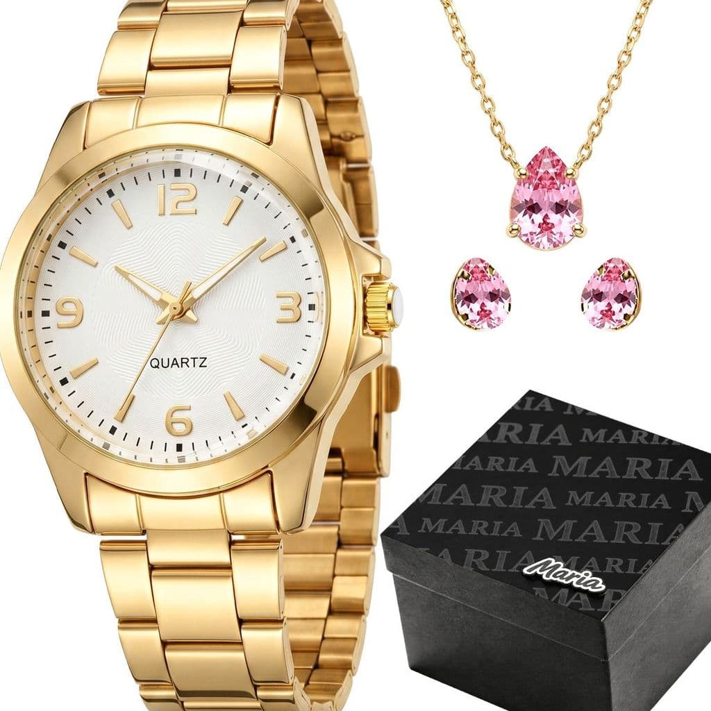 Relogio Feminino Aço Inox Dourado + Caixa + Brincos + Colar