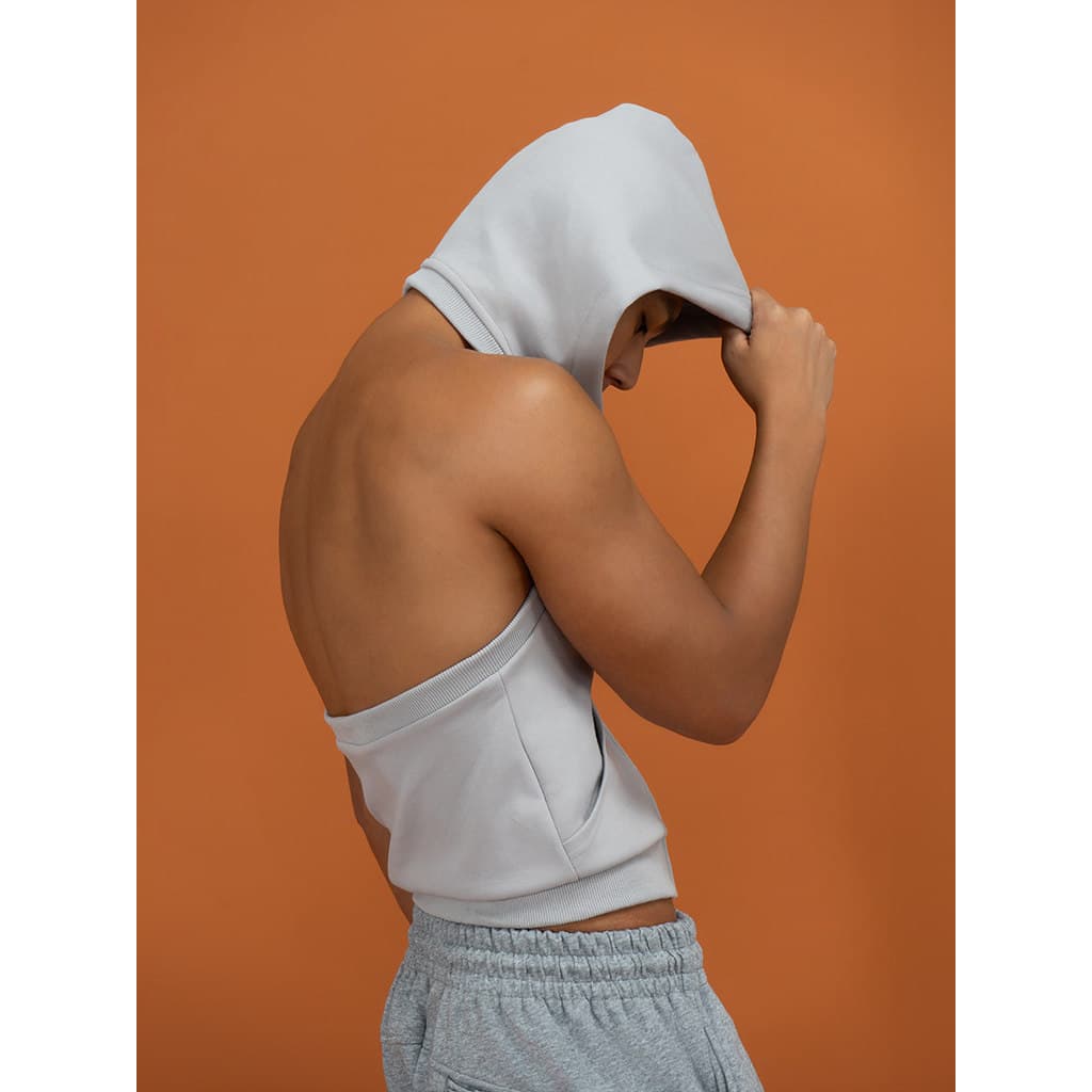 CLP Cinza Verde Halter Colete Com Capuz Sem Mangas Moletom Curto Slim-fit Esportes Stretch Zipper Jaqueta Colete Homens