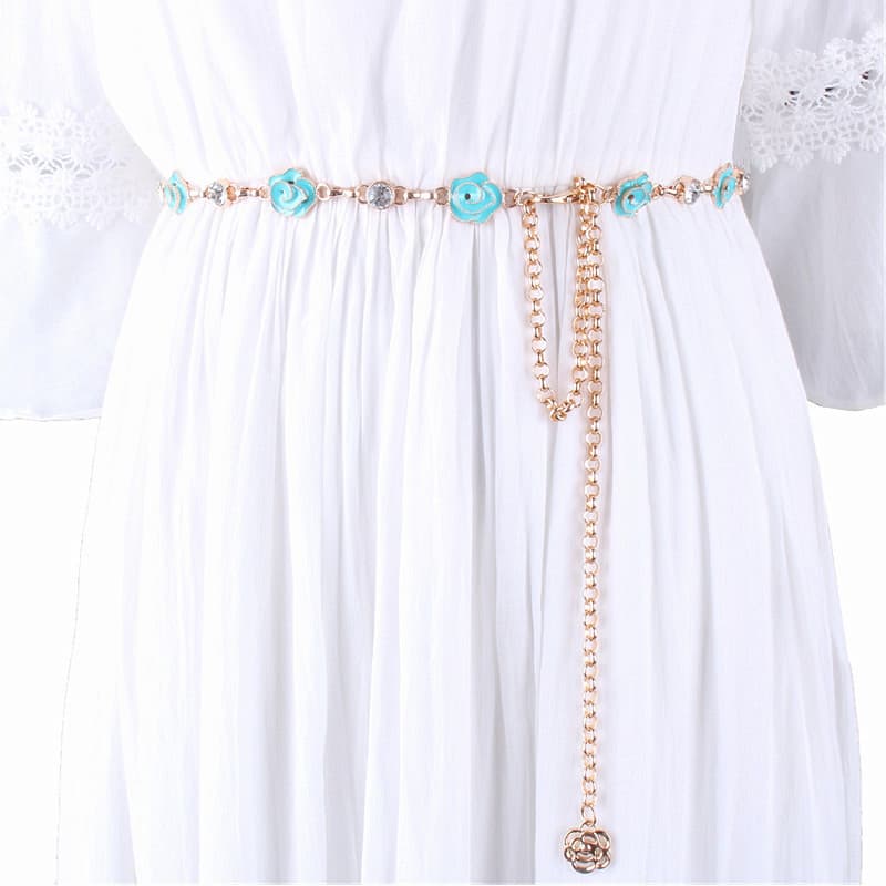 Versão coreana incrustada strass camisola cintura corrente senhoras flor cinto fino vestido decorativo corrente de Metal