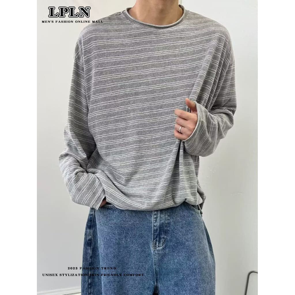 LPLN americano preguiçoso contraste cor listrado em torno do pescoço de manga comprida camiseta masculina primavera outo