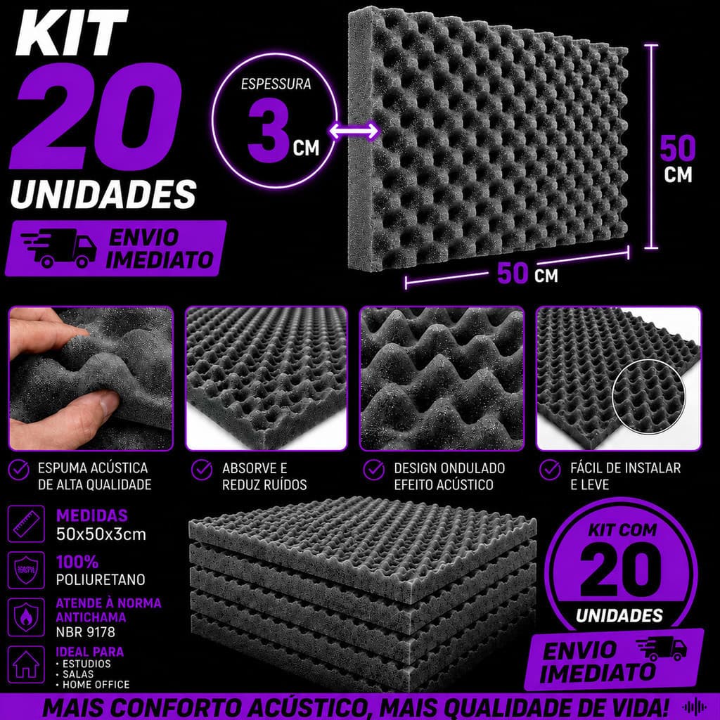 Kit 20 Placas Acústicas Espuma 50x50x3cm Antirruído Isolamento Parede Estúdio Antichama