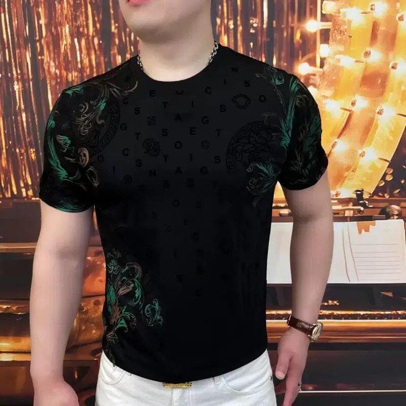 Camiseta masculina de manga curta de seda gelada verão estilo fino Street Wear rufião bonito Slim-Fit
