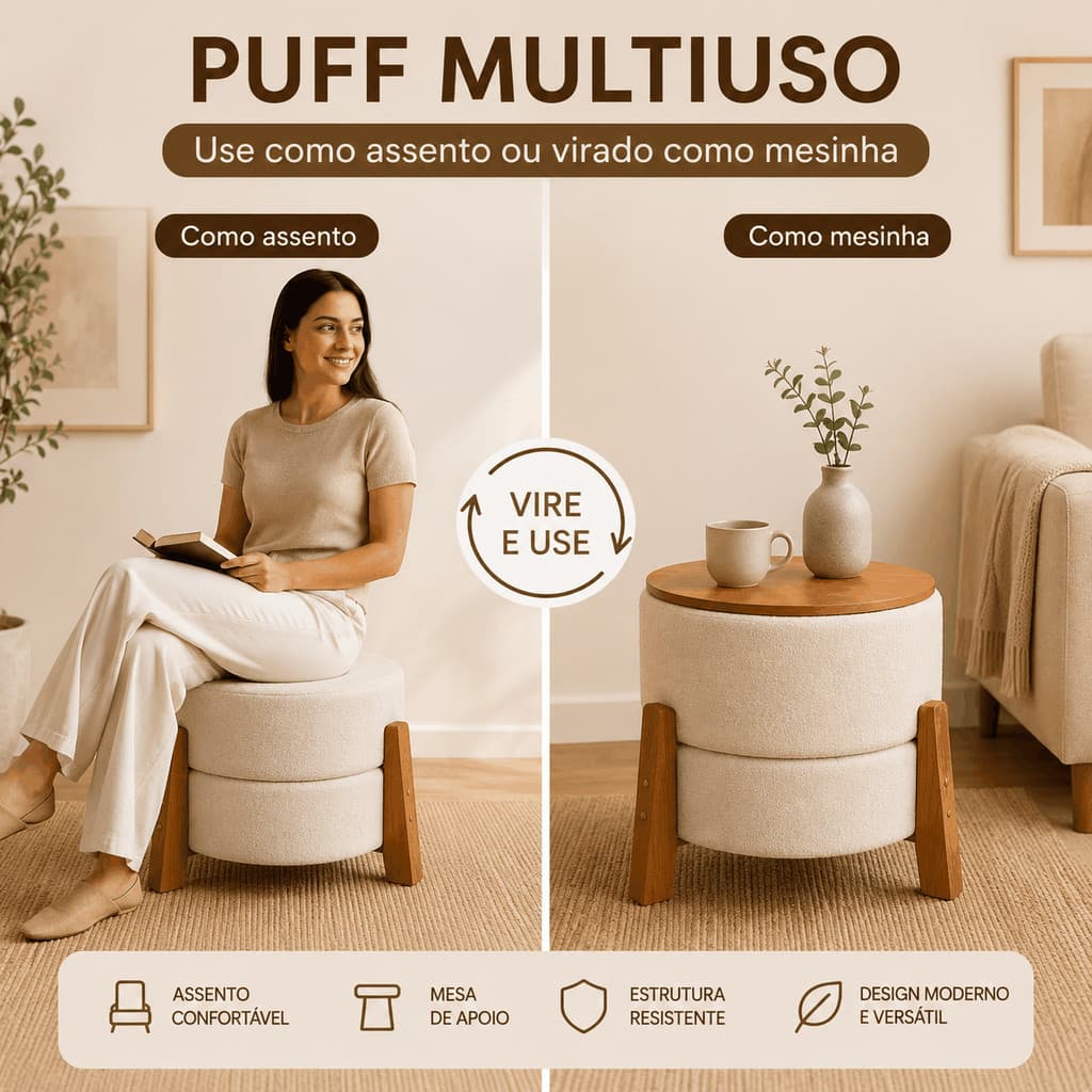 Puff Boucle Moderno 2 em 1 - Assento ou Mesa de Apoio - Pés em Madeira Maciça Banqueta Multiuso Puff Mesinha