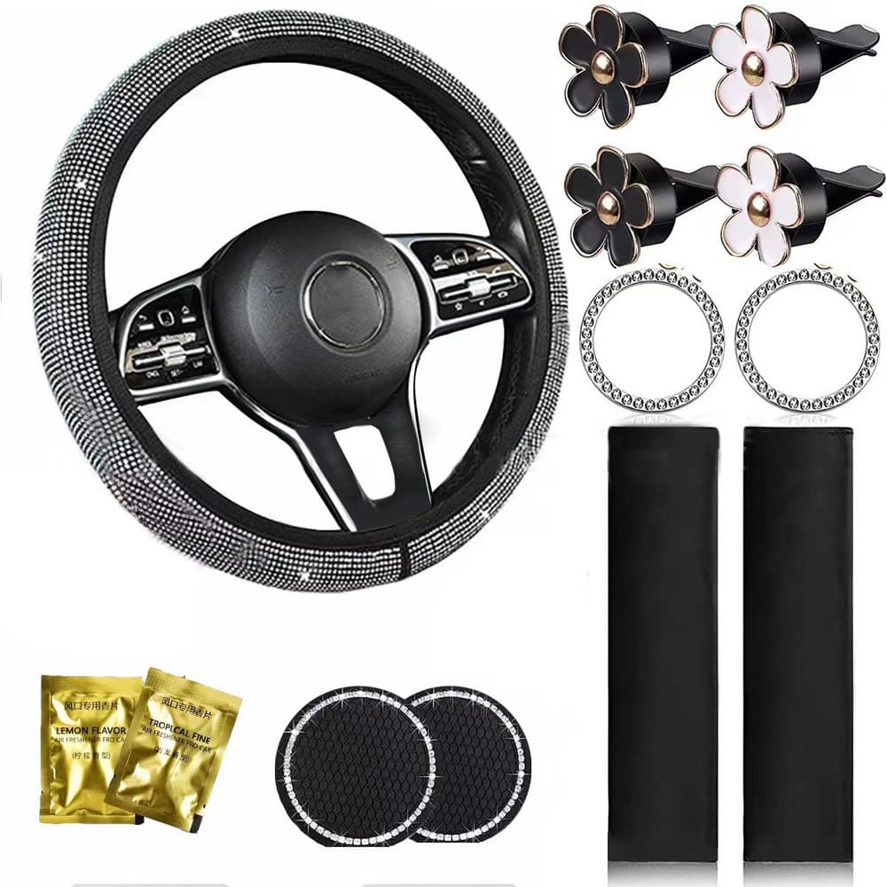 【Design Elegante】Acessórios De Volante 13 Peças/Capa De Volante Com Diamantes/Anel De Partida/Clipes De Ventilação