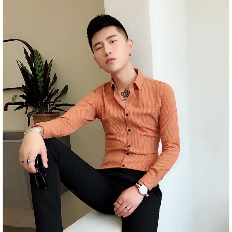 Primavera verão tamanho pequeno masculino de manga comprida Night Club influenciador camisa masculina na moda magro-ajus
