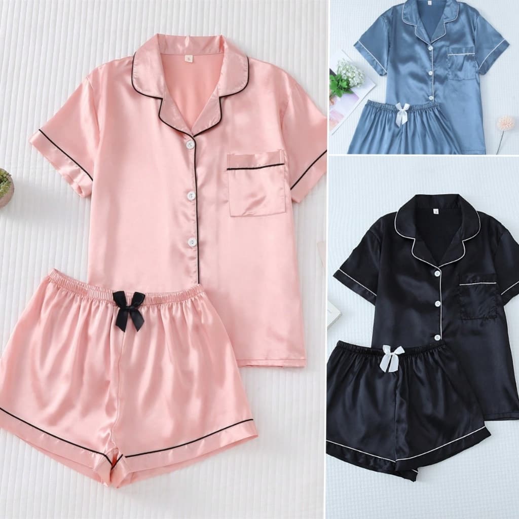 Pijama Feminino de Verão 2 Peças: Blusa de Manga Curta e Shorts com Laço 8LGV
