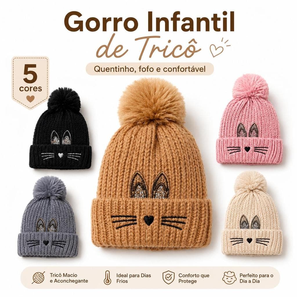 Touca Infantil de Tricô com Pompom e Bordado de Gatinho – Gorro Quentinho, Macio e Fofo para Crianças, 5 Cores