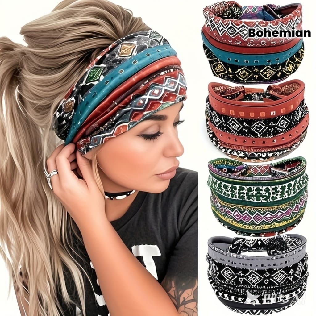 4 Pçs Boêmio Bandana Larga Elástica Antiderrapante Turbante Faixa De Cabelo Impressão Étnica Sweatband Yoga Esportes Ace