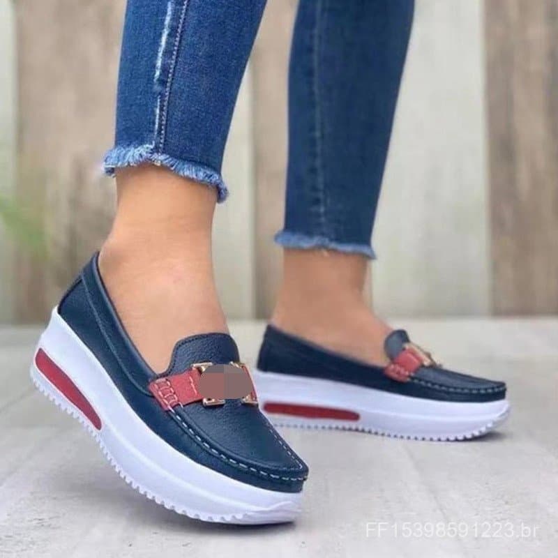 2022 outono sapatos de comércio exterior feminino de sola grossa dedo do pé redondo cor sólida boca rasa fivela de Metal