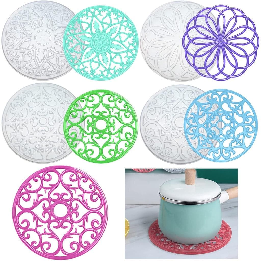 Norme 4 Peças Moldes de Resina Grandes para Porta-Copos Mandala, Moldes de Silicone Brilhantes com Design de Flor Oca pa