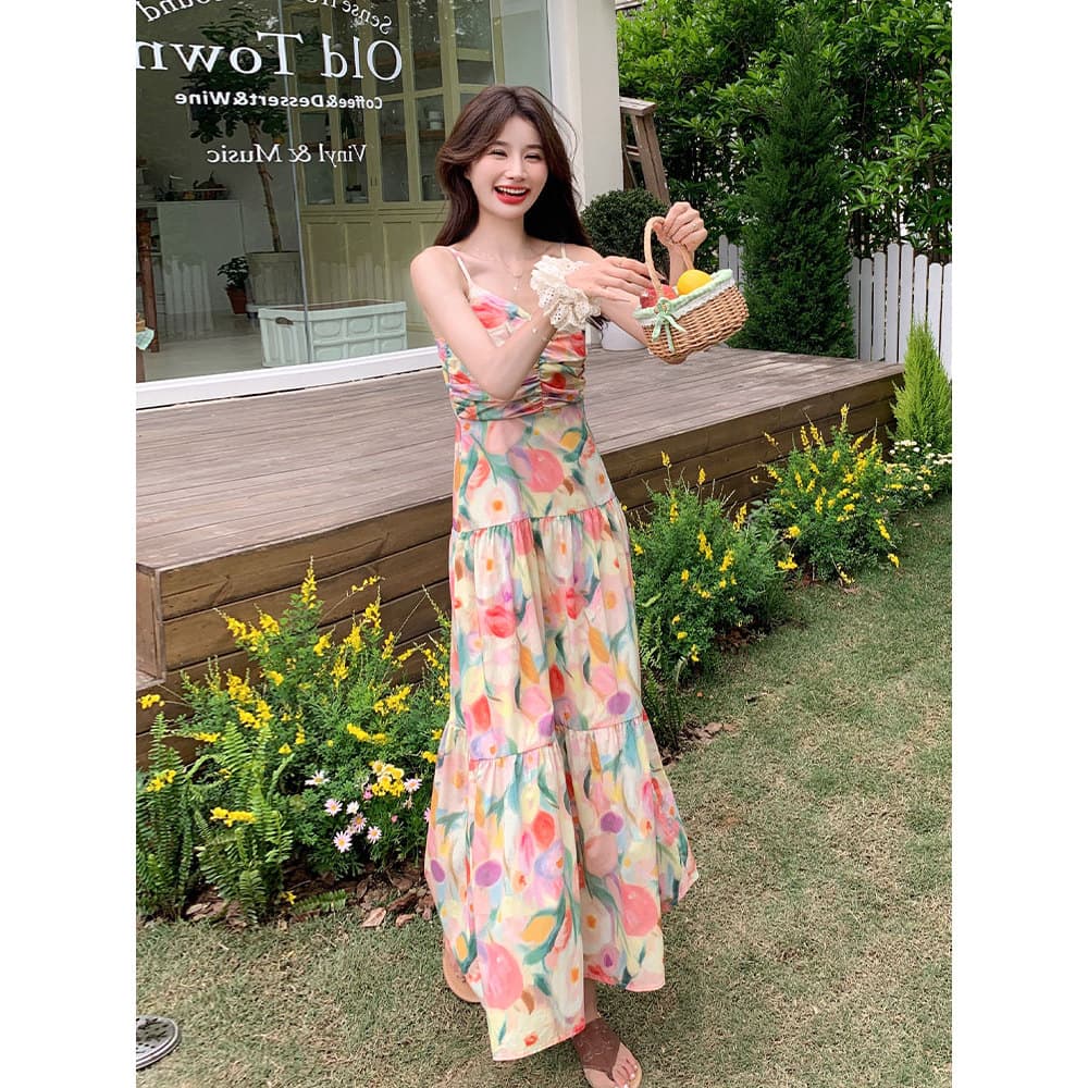 Dopamina beira-mar férias Floral estilingue vestido feminino comprimento médio 2026 verão novo estilo francês fino ajust