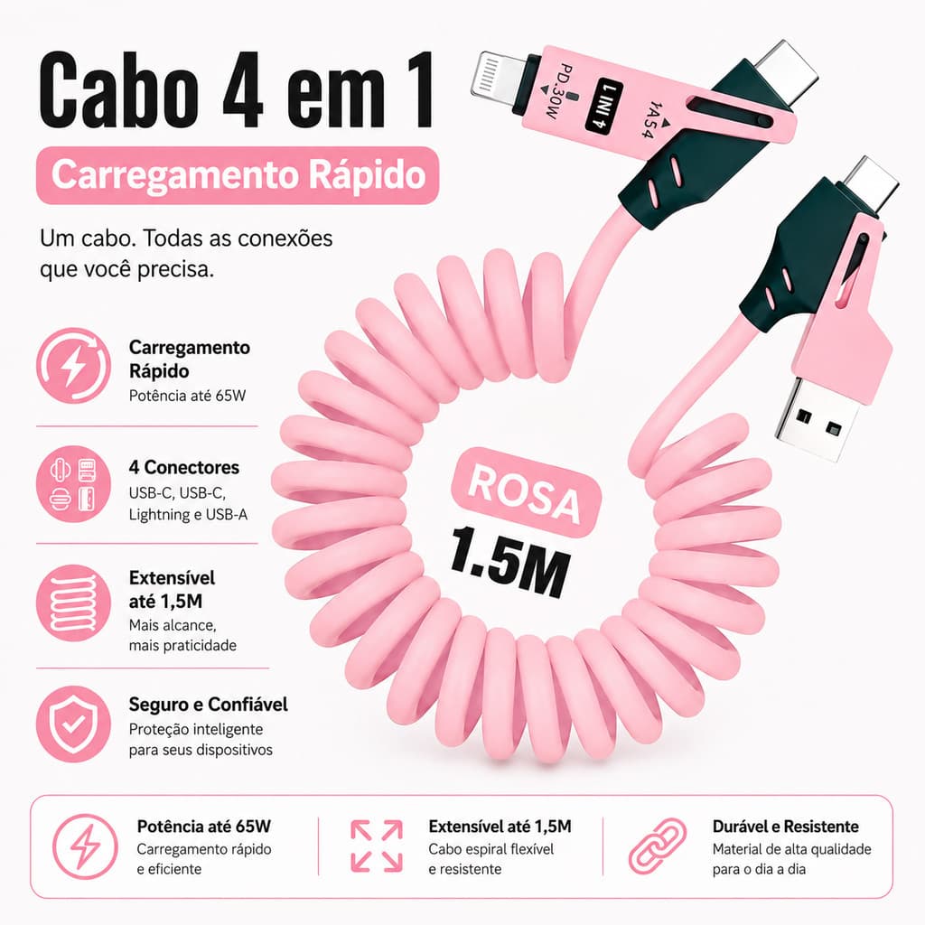 Kits 5x Cabos Carregador 4 em 1 Tipo C 1,5m carga rápida compatível iOS resistência celular powerbank atacado revenda