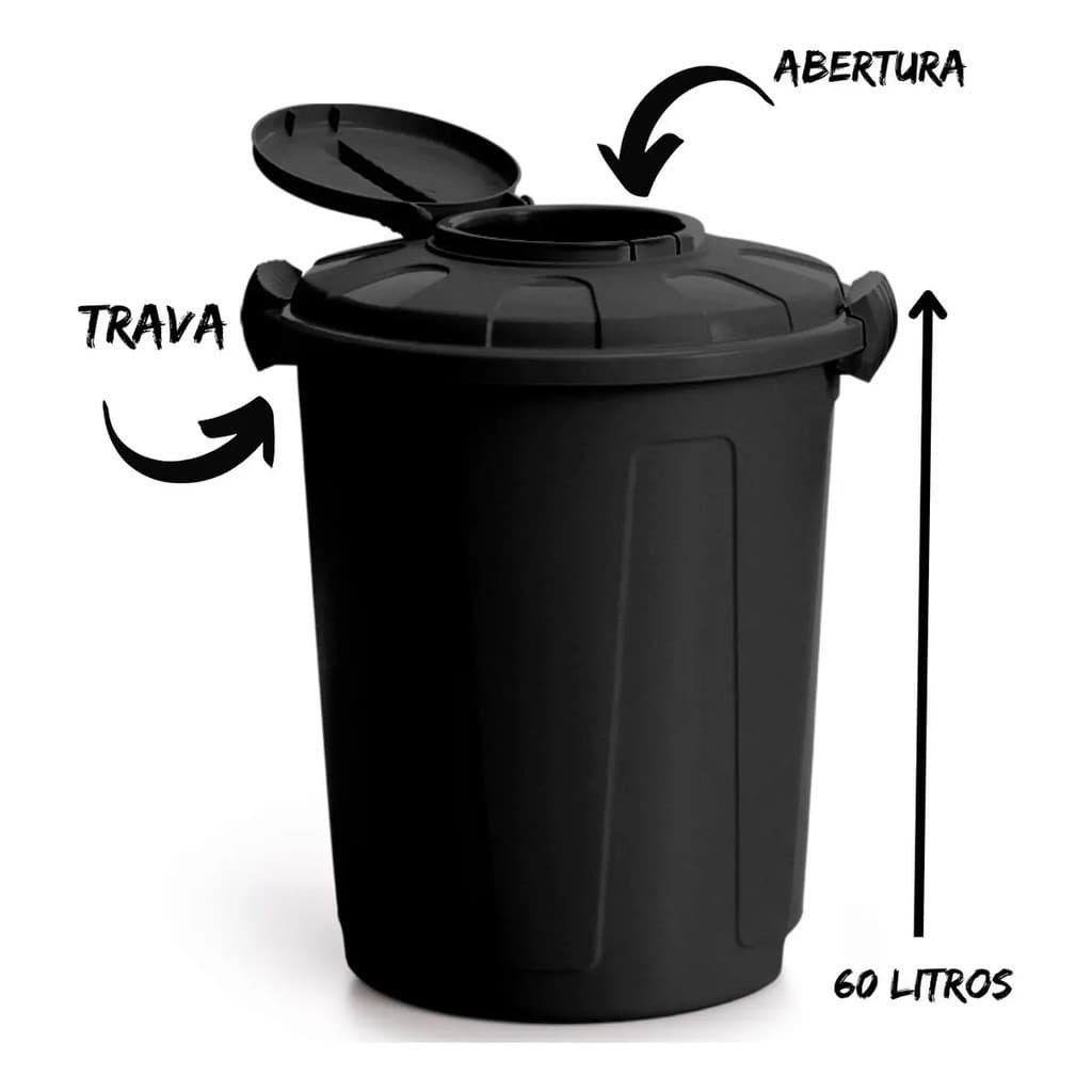 Lixeira Preta Cesto De Lixo Grande Cozinha 60 Litros Higieni Preto