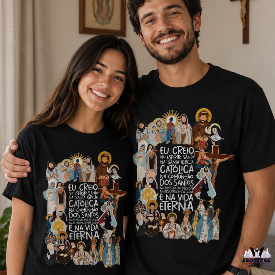 Kit Casal Camiseta Católica Religiosa “Eu Creio” Camisa Cristã Unissex Basica T-shirt 100% Algodão Fé e Estilo