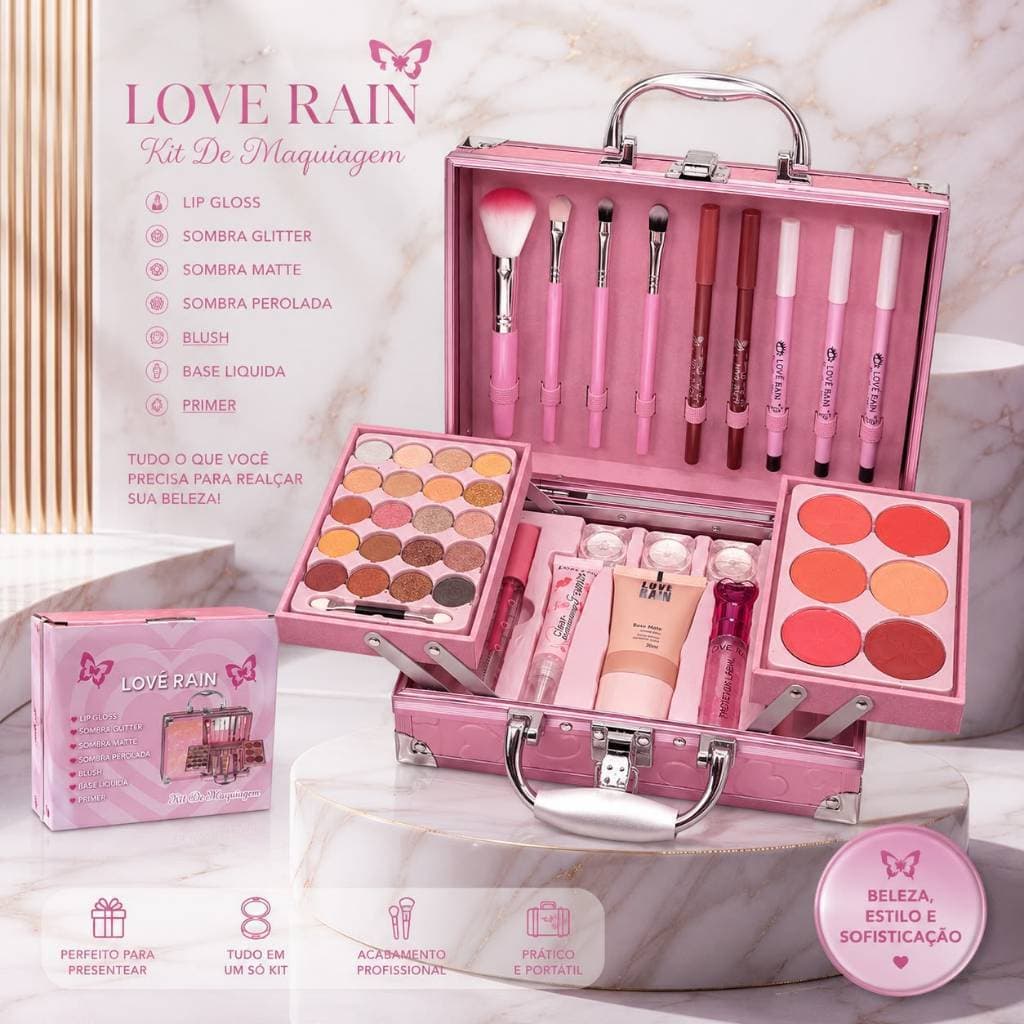 Maleta de Maquiagem Completa Love Rain Kit Profissional com Sombras, Blush, Gloss e Pincéis
