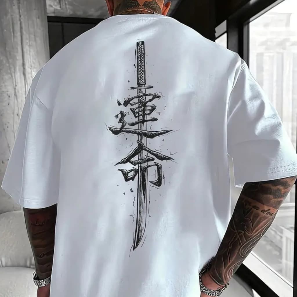 Camiseta 100% Algodão Estampada Espada Escrita Japonesa Katana Desenho Frente/Costas Minimalista Streetwear Skatista