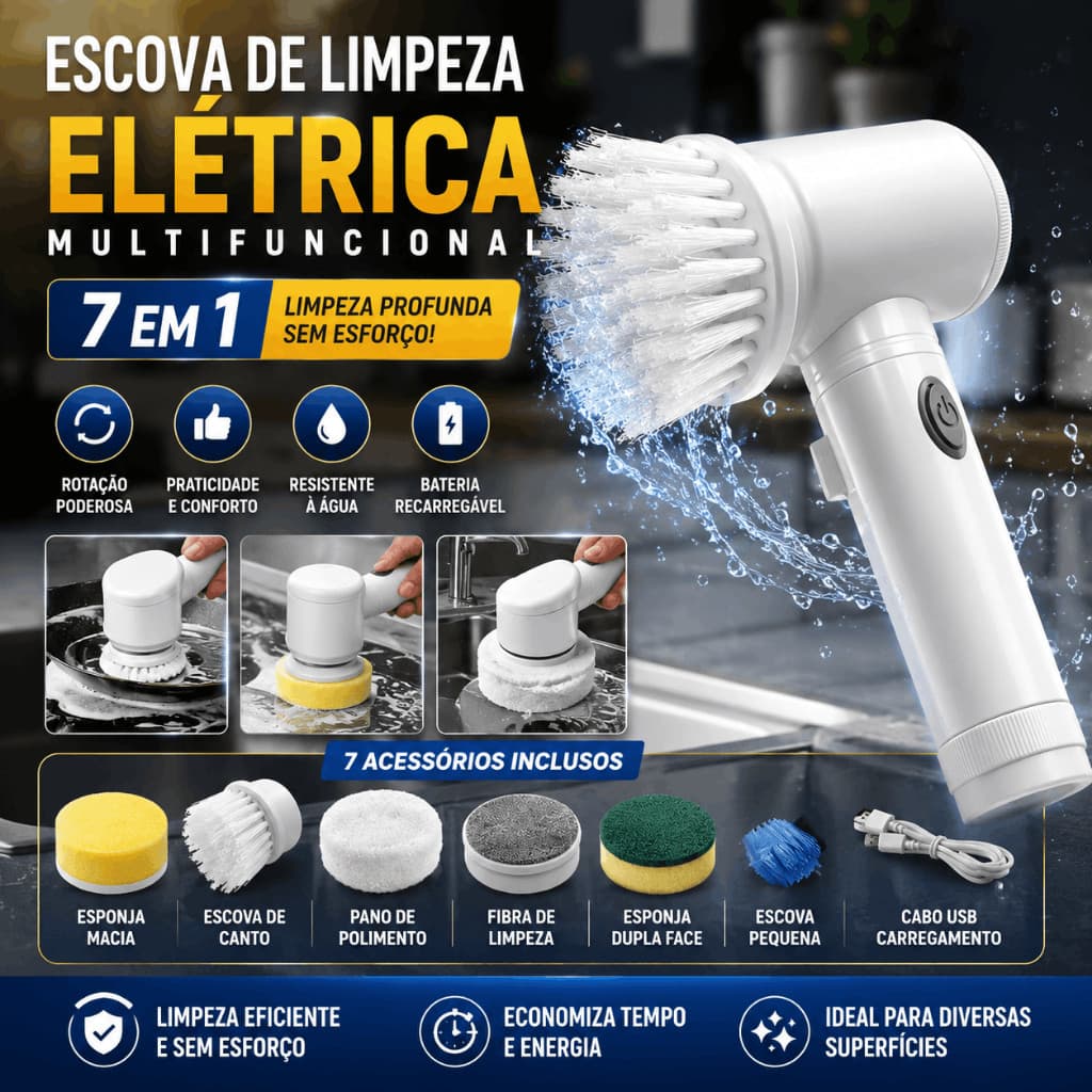Escova Elétrica de Limpeza Multifuncional 5 em 1 Recarregável USB Sem Fio Para Banheiro Cozinha Azulejos Pia Box