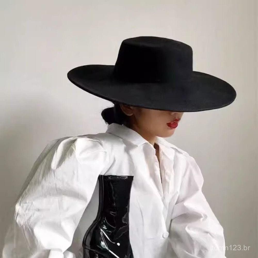 Chapéu feminino de aba reta, estilo Hepburn francês, chapéu de feltro de aba larga, elegante chapéu feminino vintage de