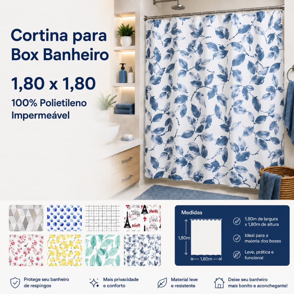 Cortina Para Box Banheiro 1,80x1,80 Impermeável Lavável 100% Polietileno Impermeavel Com Argolas - Várias Estampas