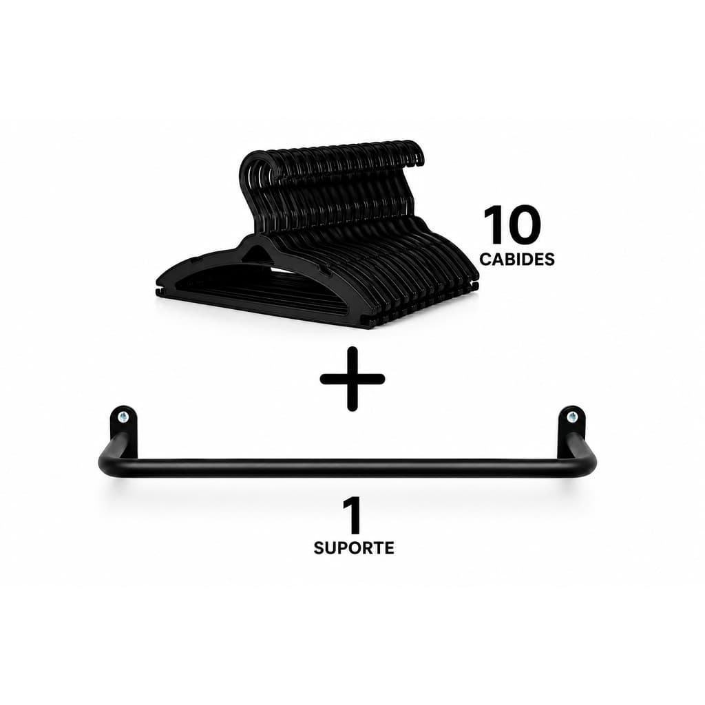 SUPORTE PARA ROUPA 60CM + 10 CABIDES REFORÇADOS - PRETO