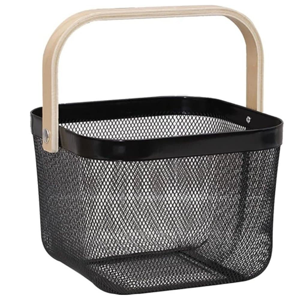 Cesto Organizador Ferro Madeira Preto Clink com Alça Multiuso Fruteira Porta Objetos Cesta Decorativa Cozinha Banheiro