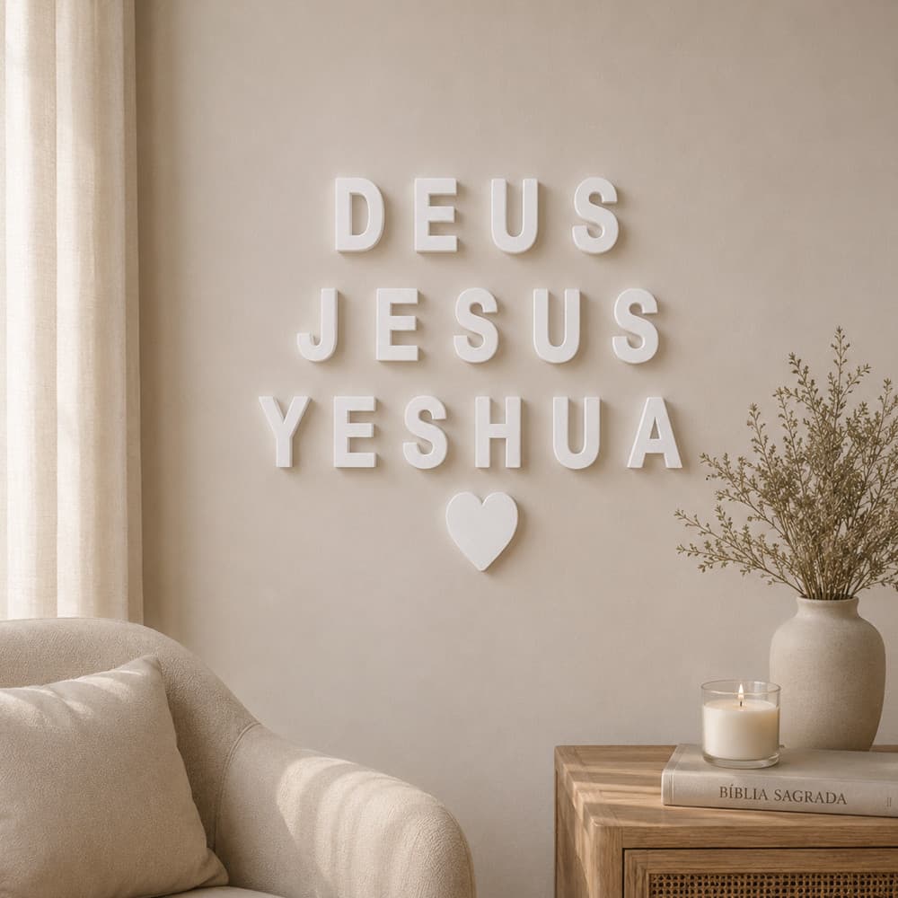 Kit 3 Palavras Decorativas Gesso DEUS JESUS Yeshua Fé Letreiro Parede Enfeite