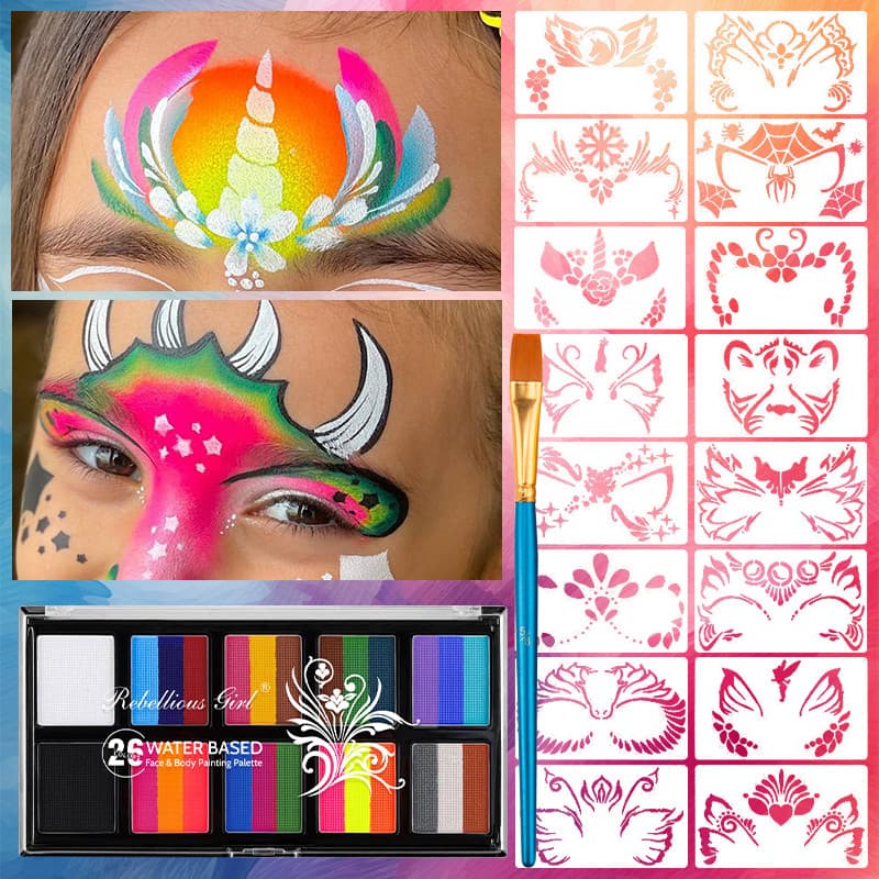 VERONNI Kit De Pintura Facial Arco-Íris À Base De Água De 26 Cores Com Estênceis E Pincel De 16 Peças , Segura Lavável P