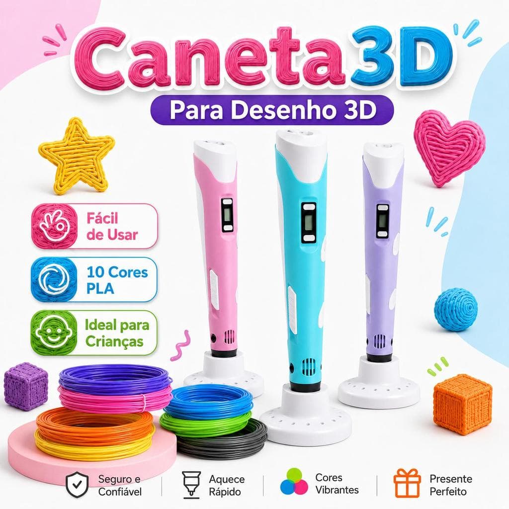 Caneta 3D Impressora Manual com Tela LCD e Filamento PLA 3 Cores Seguro para Desenho DIY