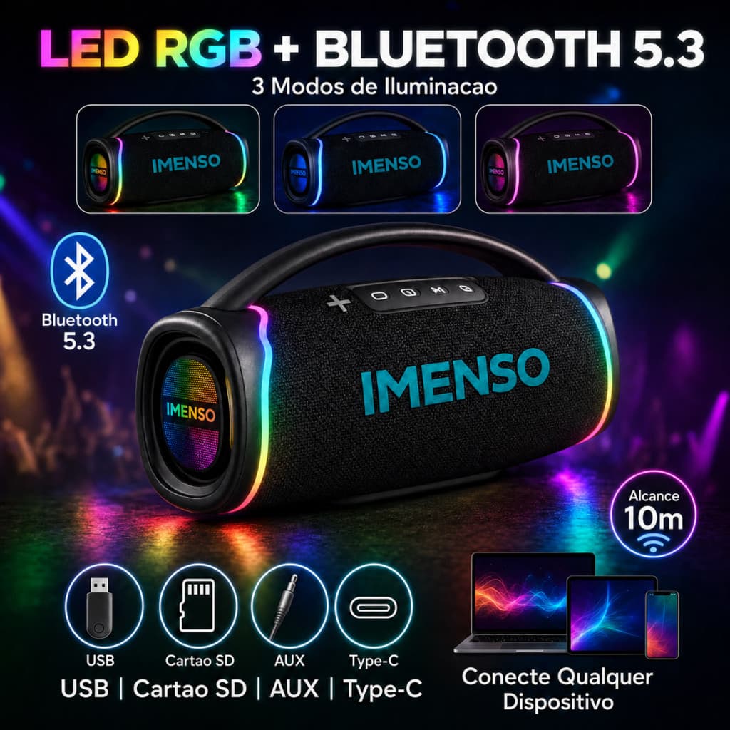 Caixa de Som Potente Amplificada Imenso X41A com 300W RGB Bluetooth Pendreve Graves Fortes