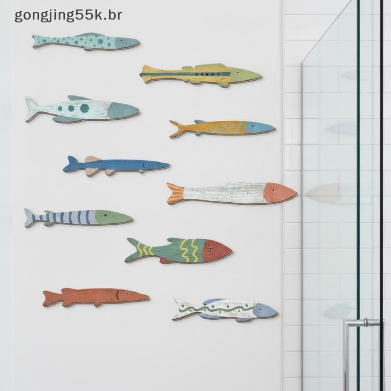 gon Conjunto De Decoração De Parede De Peixe Oceano De Madeira Artesanal , Estilo Náutico Costeira Para Casa , Banheiro