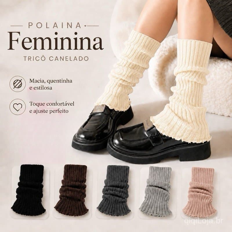 Polaina Feminina Canelada de Tricô Quentinha Macia Elástica Estilo Coreano Kawaii Meia Cano Alto Inverno para Bota Tênis