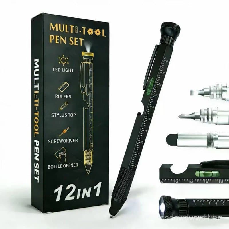 Caneta Multifuncional 12 em 1 com Luz LED, Régua, Caneta Stylus, Chave de Fenda, Abridor de Garrafas, Presente Perfeito