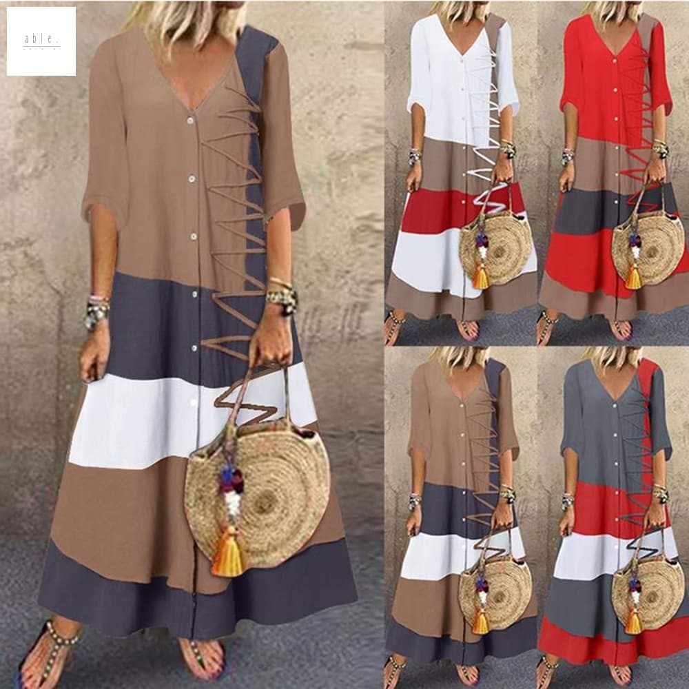Vestido De Verão Para Mulheres Com Decote Em V E Botão Estampado Longo De Férias Uso Casual
