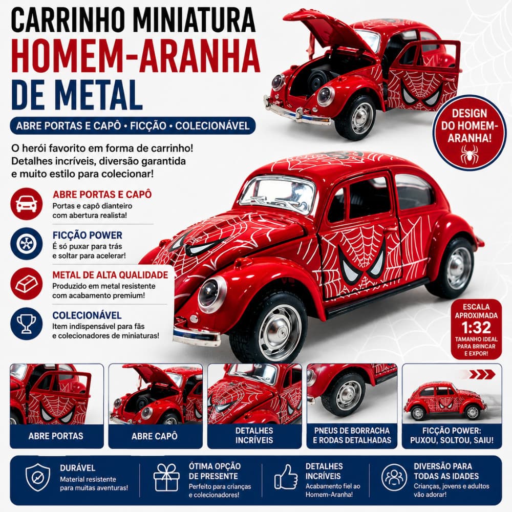 Carrinho Fusca Homem Aranha Metal 1:32 Fricção Abre Portas E Capô Miniatura Colecionável