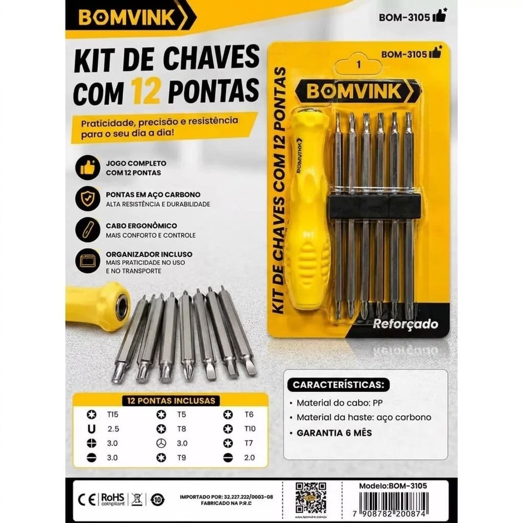Chaves de Precisão Aço Carbono 12 em 1 Hastes Intercambiáveis Resistentese Duráveis