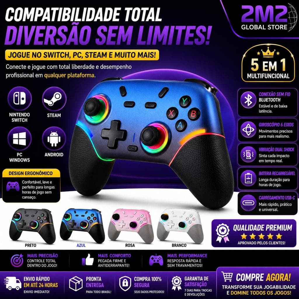 Controle Gamer Sem Fio Bluetooth X9 Compatível Switch OLED Lite V1 V2 Steam PC Wireless USB-C