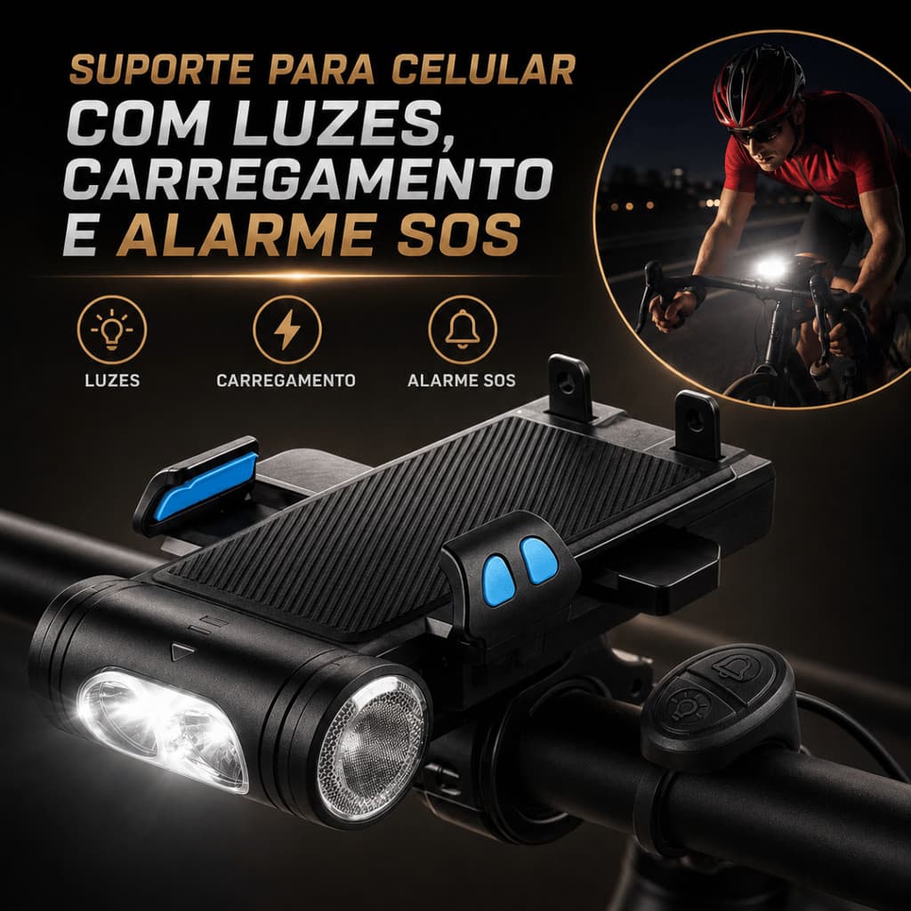 Suporte de Celular para Bike com Lanterna LED Power Bank Alarme SOS Resistente à água USB-C