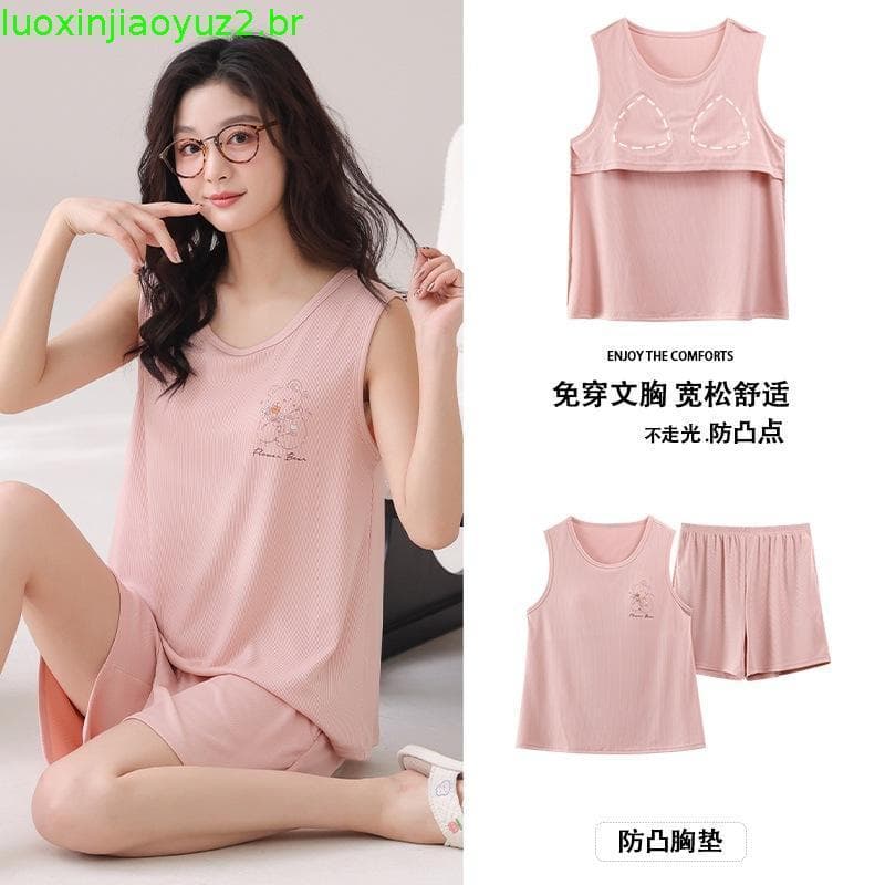 Verão Gelo Seda Sem Mangas Pijamas Conjunto Feminino Fino Sutiã Embutido Csola Shorts Pulôver Ho