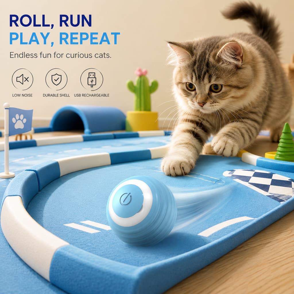 Brinquedo Elétrico Bola p/ Gato – Rotação Automática USB, Recarga Rápida, Interativo e Divertido
