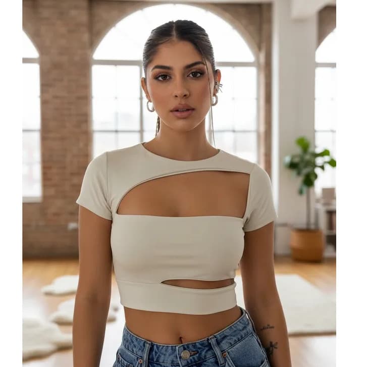 Cropped Feminino Stephany Recortes Assimétricos Suplex Premium Moda Blogueira