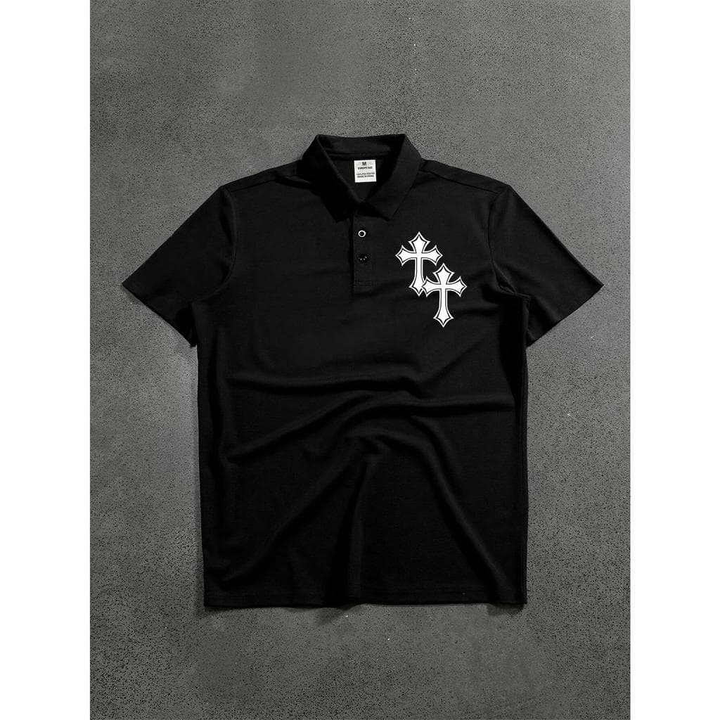 Camisola de Manga Curta para Homem, Polo, Estampado com Padrão Cruzado, Estilo Biker Bad Boy, Corte Larga, Tecido Ligeir