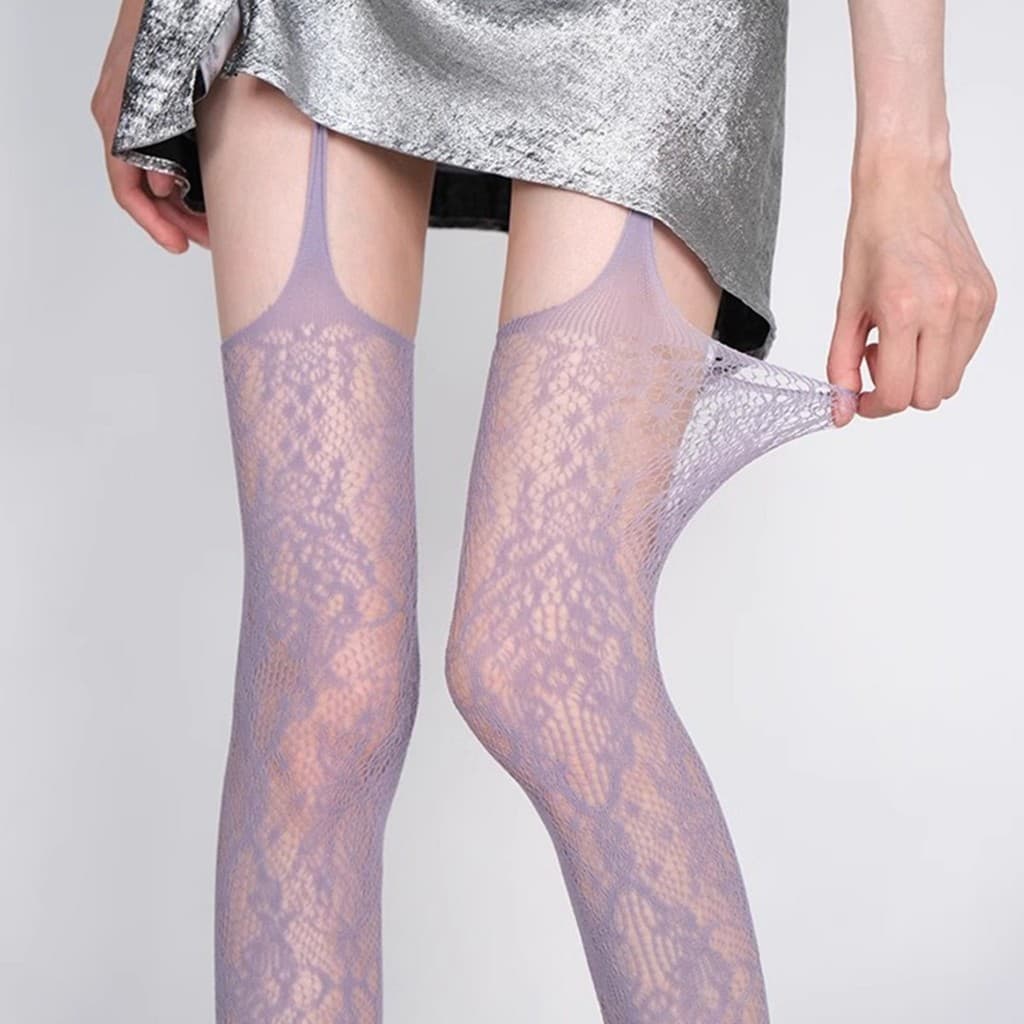 Pacote com 2 Meias de Rede Jacquard Floral Vintage, Renda Vazada Roxa, Meias com Liga Pure Desire, Leggings Y2K Hot Girl