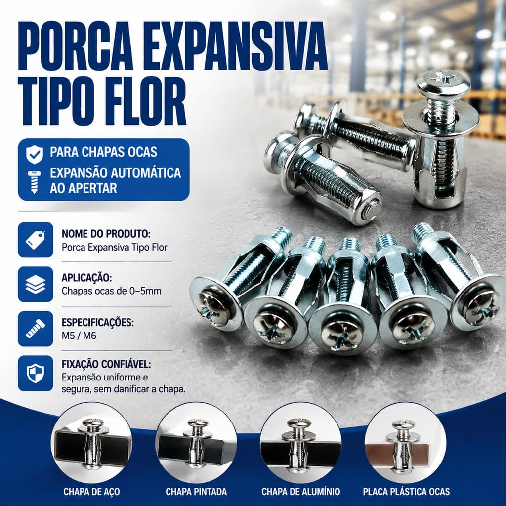 Porca de Expansão Tipo Pétala com Parafuso para Chapa Oca Ferro Alumínio Aço Galvanizado Fixação Reforçada Durável